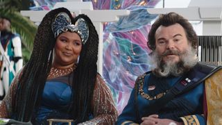 Lizzo's Duchess of Plazir-15 and Jack Black's Captain Bombardier smile at someone off-camera in The Mandalorian season 3