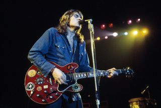 April 29, 1974: Alvin Lee onstage with the 335 in Copenhagen, Denmark. Nearly five years after Woodstock and the Bigsby vibrato had been removed from the guitar and more stickers had been added