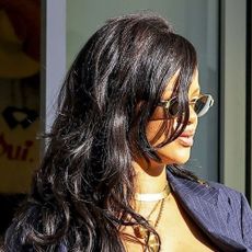 Rihanna wearing a blazer and baggy jeans in Los Angeles 