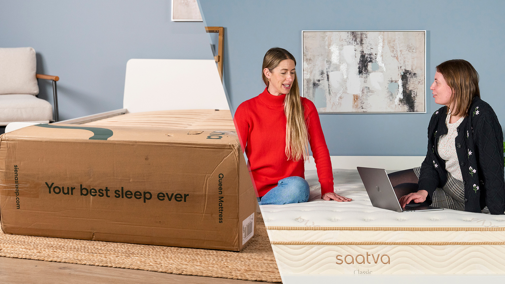 On the left, a close up of a boxed mattress in its box in the Tom's Guide Sleep Lab. On the right, mattress testers Nicola and Ruth sit on the Saatva Classic while using a laptop
