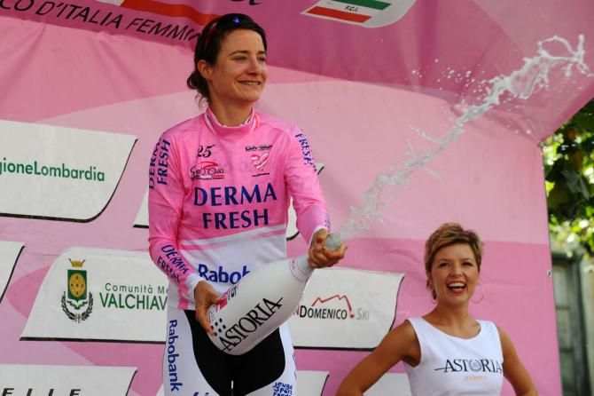 Race leader Marianne Vos celebrates
