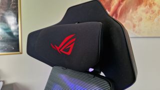 Asus ROG Destrier Ergo Chair's headrest and acoustic guard which has the Asus logo on it
