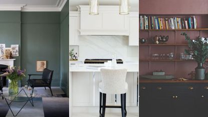 A kitchen painted in Green Smoke / A kitchen painted in Carnforth White / A living room alcove painted in Sulking Room Pink