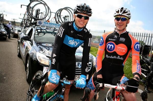 All smiles before the race for British track teammates Ben Swift (Team Sky) and Ed Clancy (Motorpoint / Marshalls Pasta).