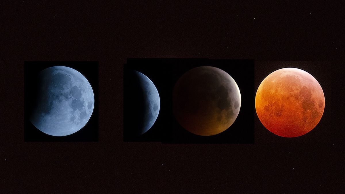 lunar eclipse phases showing a blue hued moon on the left then increasingly red moons to the right, the blood moon on the right looks a deep orange color. 