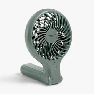 Sage green John Lewis handheld fan folded in upright position