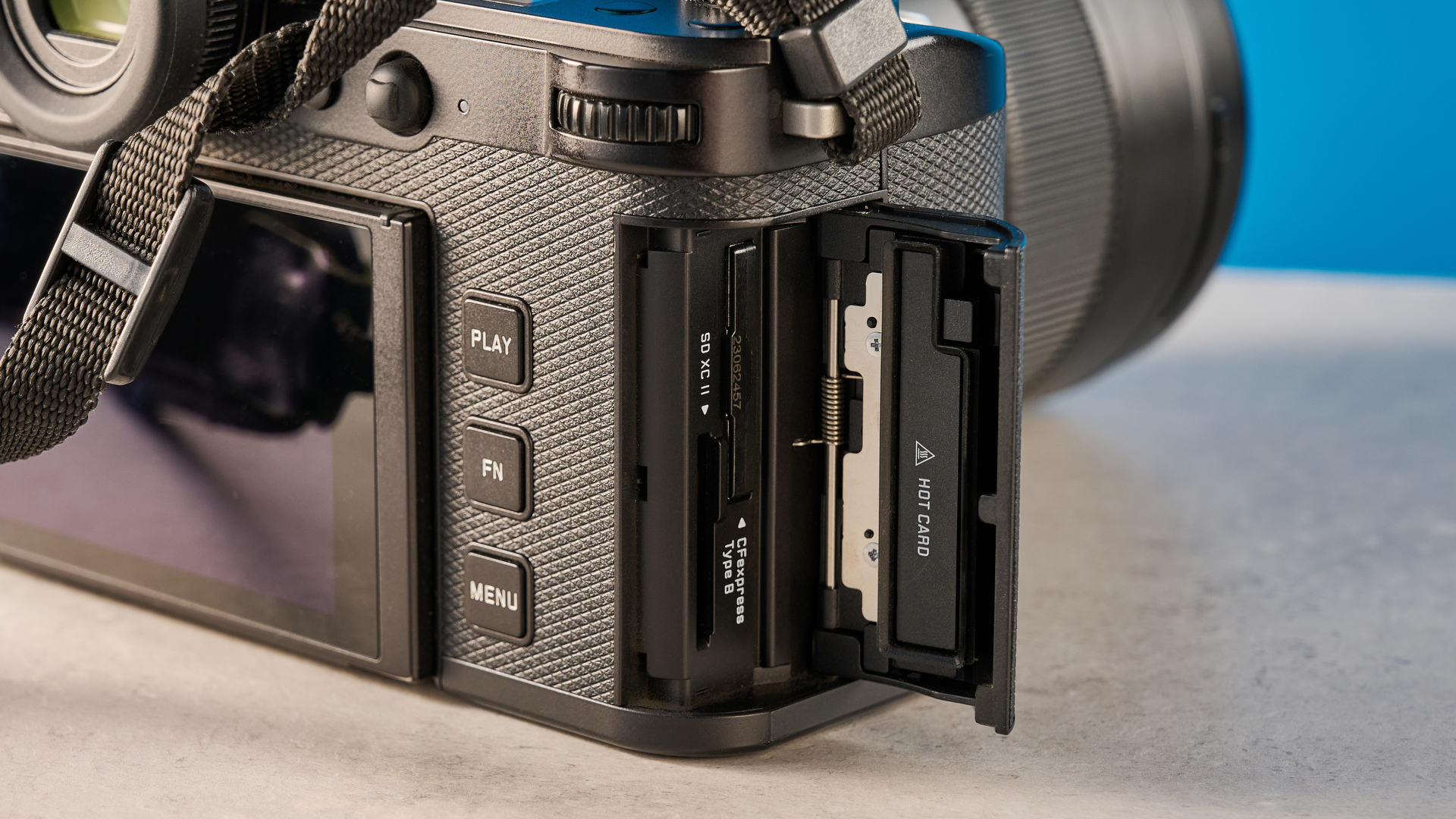 A black Leica SL3 mirrorless full frame camera