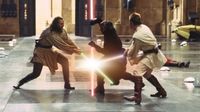 Qui-Gon Jinn and Obi-Wan Kenobi battle against Darth Maul in Star Wars: The Phantom Menace