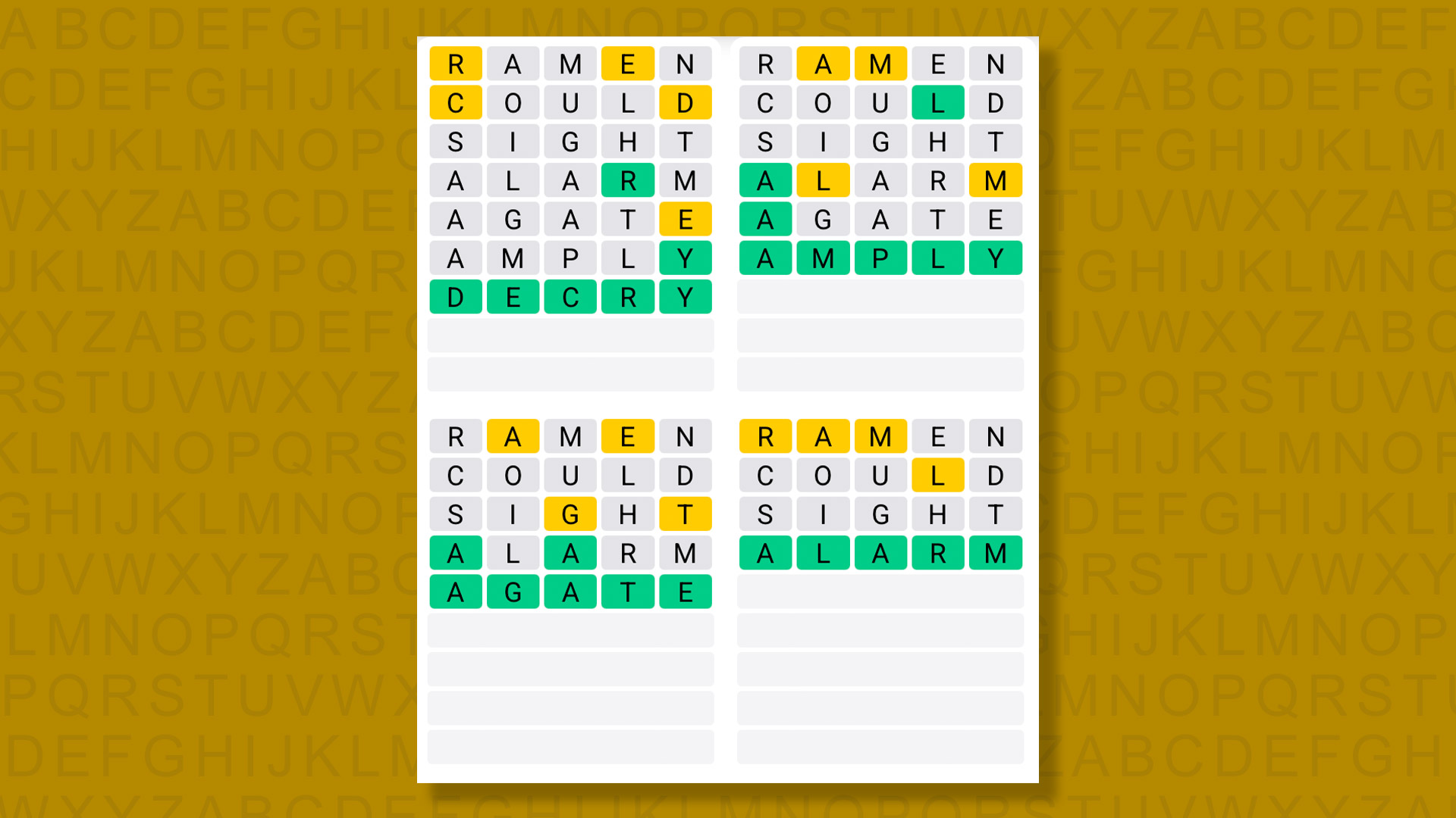Quordle answers for game 1346 on a yellow background