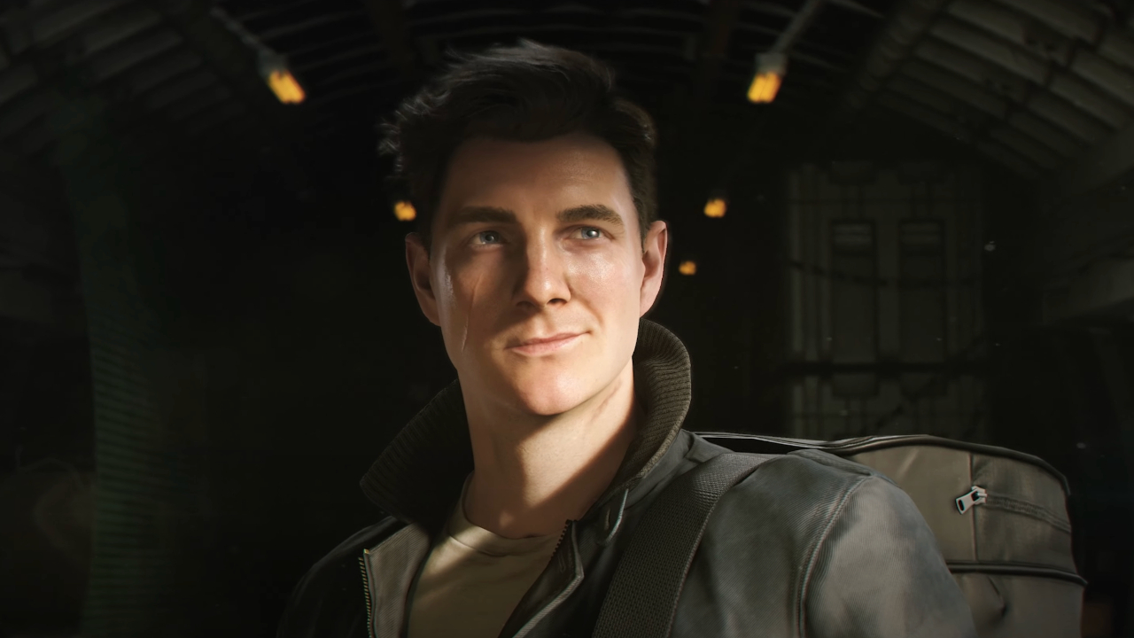 James Bond smirks as he stands at the door of a transport plane in 007 First Light.