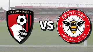 The AFC Bournemouth and Brentford club badges on top of a photo of the Vitality Stadium in Bournemouth, England