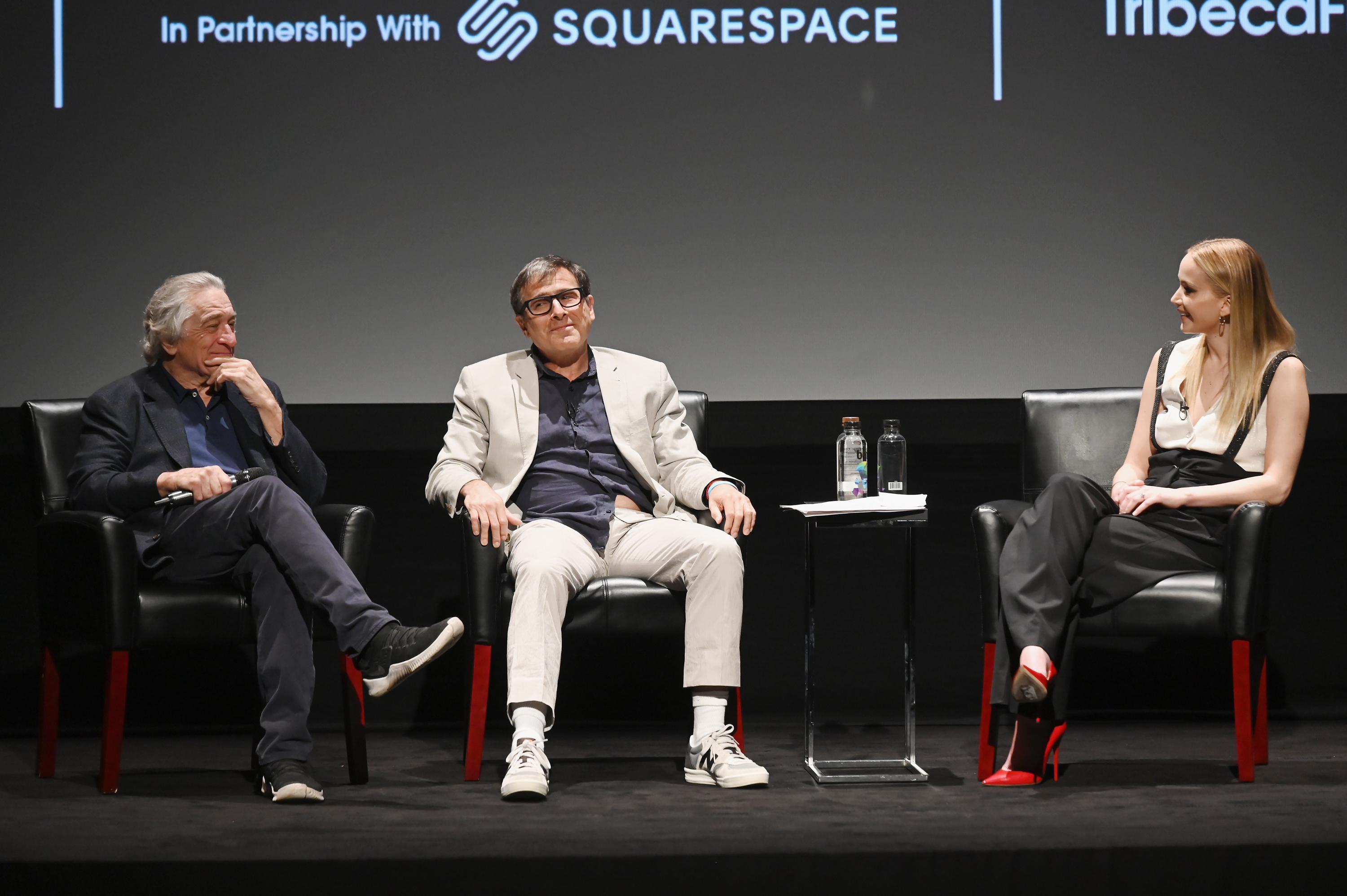 NEW YORK, NEW YORK - APRIL 27: Robert De Niro, David O. Russell and Jennifer Lawrence speaks at the Tribeca Talks - Director Series - David O. Russell with Jennifer Lawrence at the 2019 Tribeca Film Festival at BMCC Tribeca PAC on April 27, 2019 in New York City. (Photo by Nicholas Hunt/Getty Images for Tribeca Film Festival)