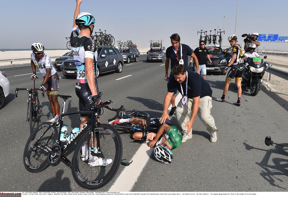 Boonen down after a horrific crash at the Abu Dhabi Tour that nearly ended his career