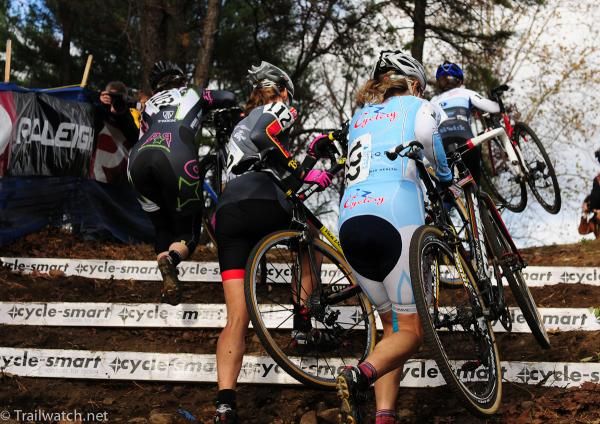 Women running the uphill stairs