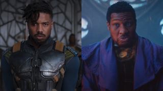 Michael B. Jordan as Killmonger in Black Panther and Jonathan Majors as Kang in Loki, pictured side by side.