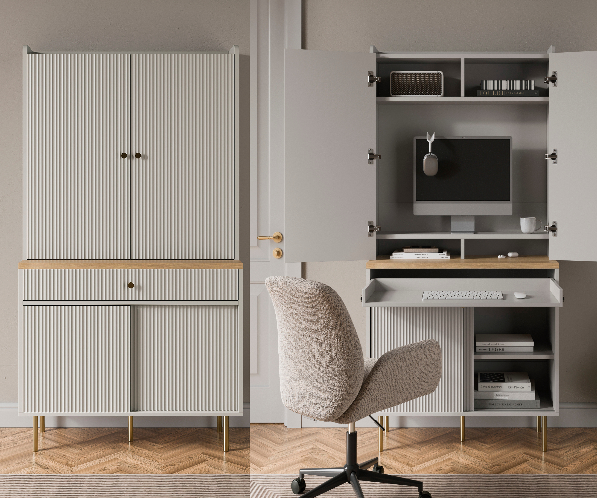 hideway desk in light stone with fluted doors that when opened reveal storage shelves and cubbies as well as a pull out desk for keyboard