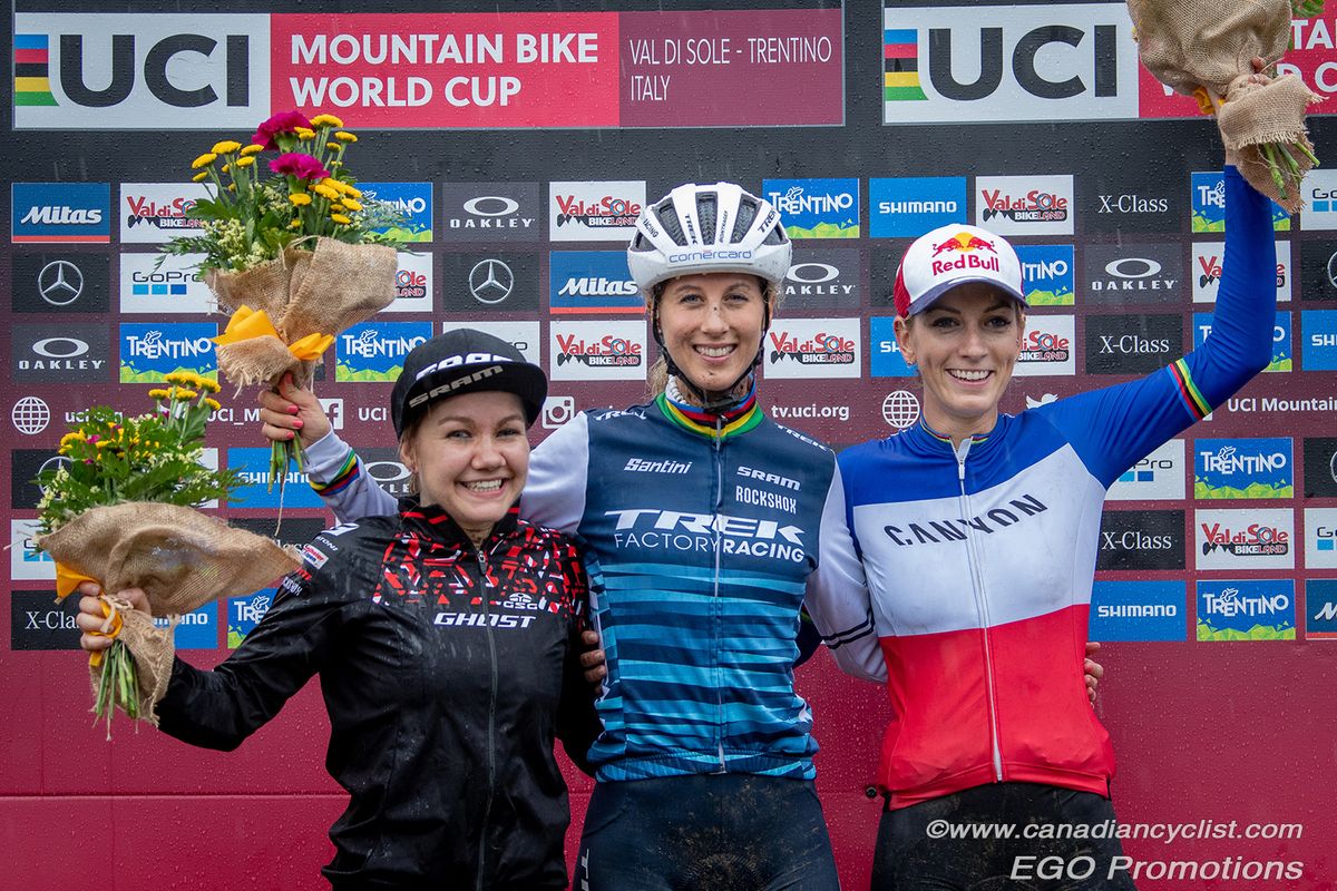 Sina Frei, Jolanda Neff, Pauline Ferrand Prevot on the podium in Val di Sole.