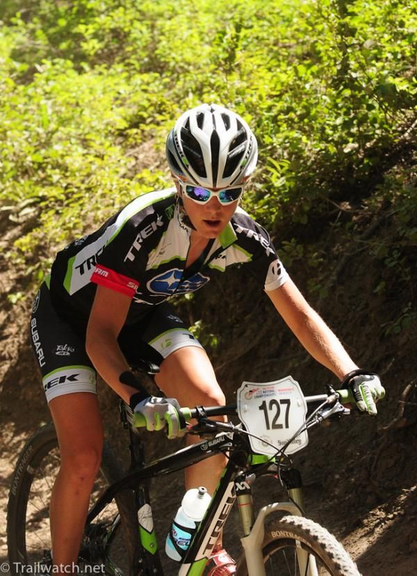 Heather Irmiger (Subaru Trek) riding switchbacks in fourth place