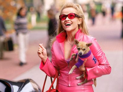 Reese Witherspoon as Elle Woods wearing a pink leather suit and her dog