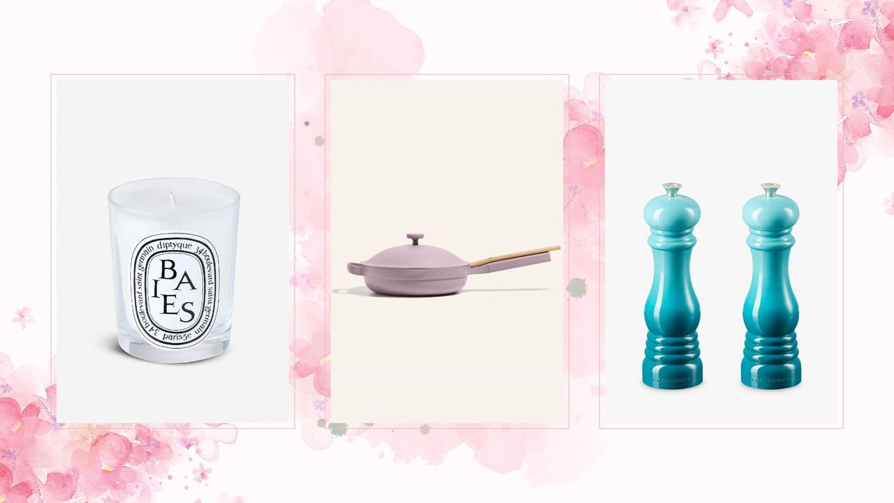 A composite image of three of the best wedding gifts on a light pink background with pink floral graphics.