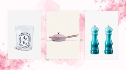 A composite image of three of the best wedding gifts in 2023, on a light pink background with pink floral graphics.