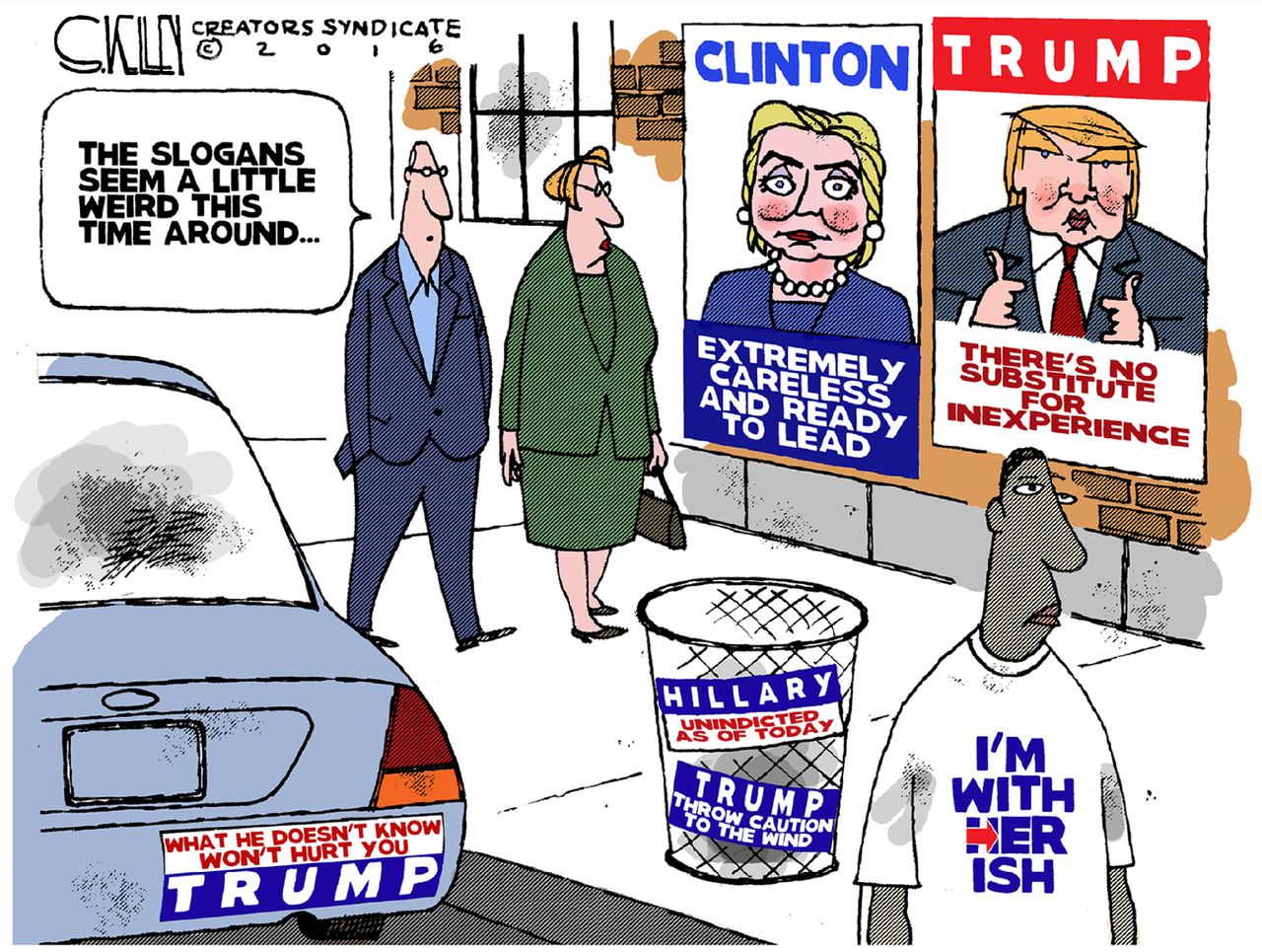 Political cartoon U.S. 2016 election campaign slogans