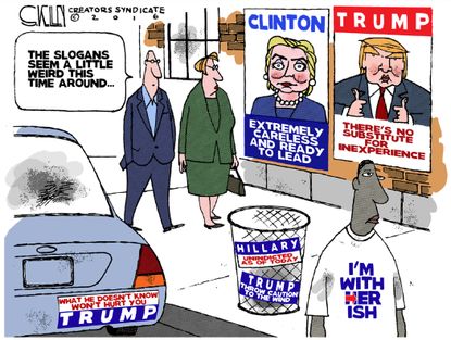 Political cartoon U.S. 2016 election campaign slogans