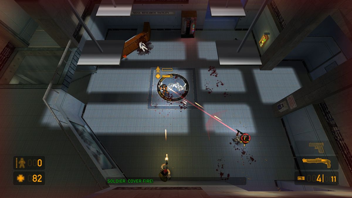 Top Down view Gordon Freeman in shootout with hazard marine soldiers.