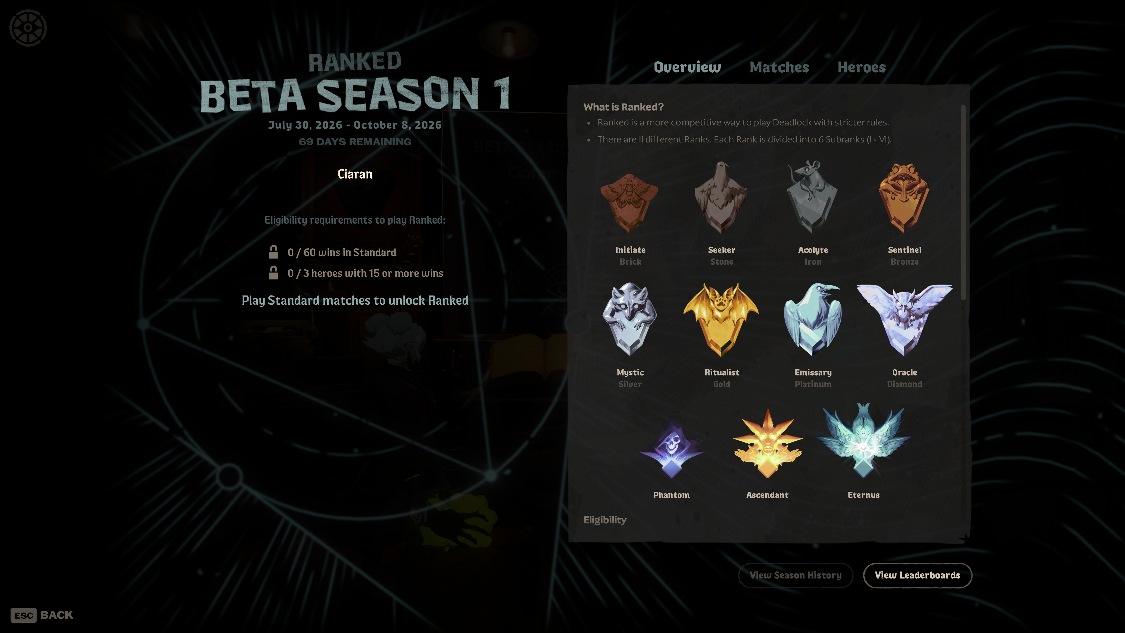 A screenshot of the Ranked beta season 1 in Deadlock. A set of ranked icons is shown on the right with tabs for matches and heroes.