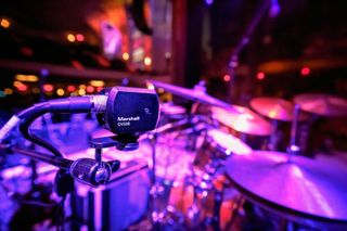 A Marshall POV camera attached to a drum kit for a live streamed concert.