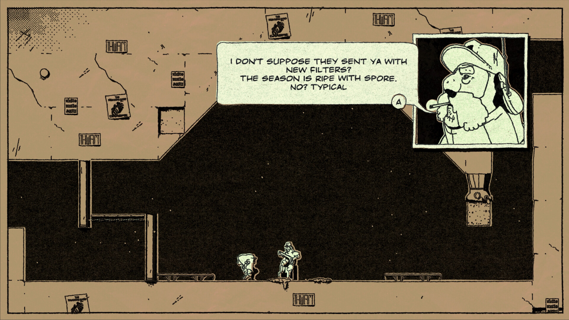 Rebounder screenshot of a comic-book like scene with a character who&#039;s asking for new filters