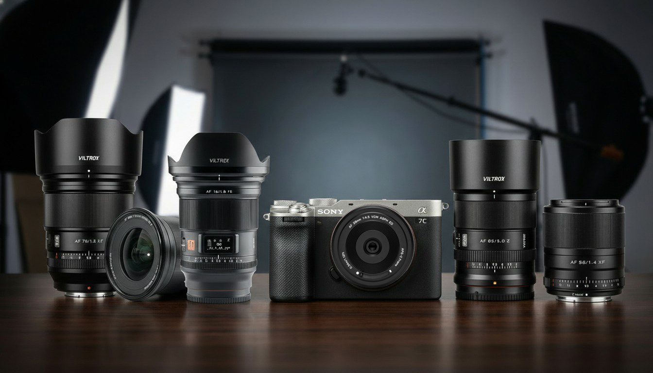 A collection of Viltrox lenses on a table in a photo studio setting, one of them is attached to a Sony A7 C. Background generated by Gemini