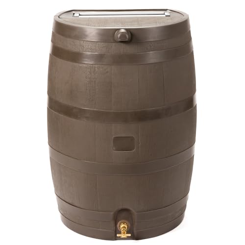 Rts Home Accents 50-Gallon Rain Barrel With Brass Spigot, Flat Back Rain Water Collection Barrel, Walnut Color