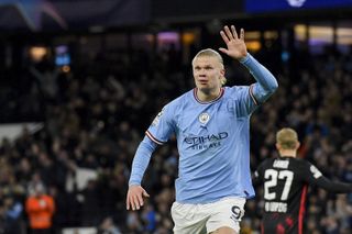 Erling Haaland celebrates his fifth goal for Manchester City against RB Leipzig in the Champions League in March 2023.