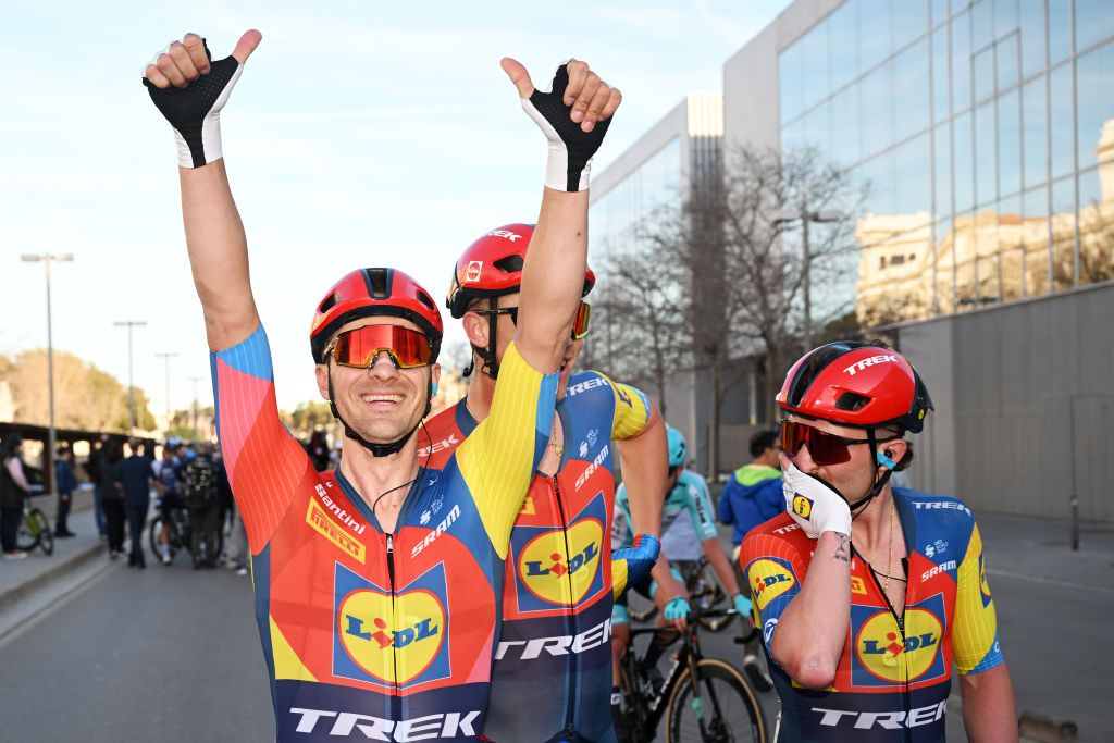 VALENCIA SPAIN FEBRUARY 09 LR Edward Theuns of Belgium and Simone Consonni of Italy and Team Lidl Trek celebrate the victory during the 76th Volta a la Comunitat Valenciana 2025 Stage 5 a 1042km stage from Alfafar to Valencia on February 09 2025 in Valencia Spain Photo by Szymon GruchalskiGetty Images