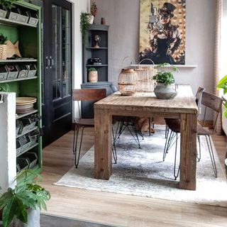 hairpin dining chairs and chunky wood dining table from Cult Furniture in a dining area