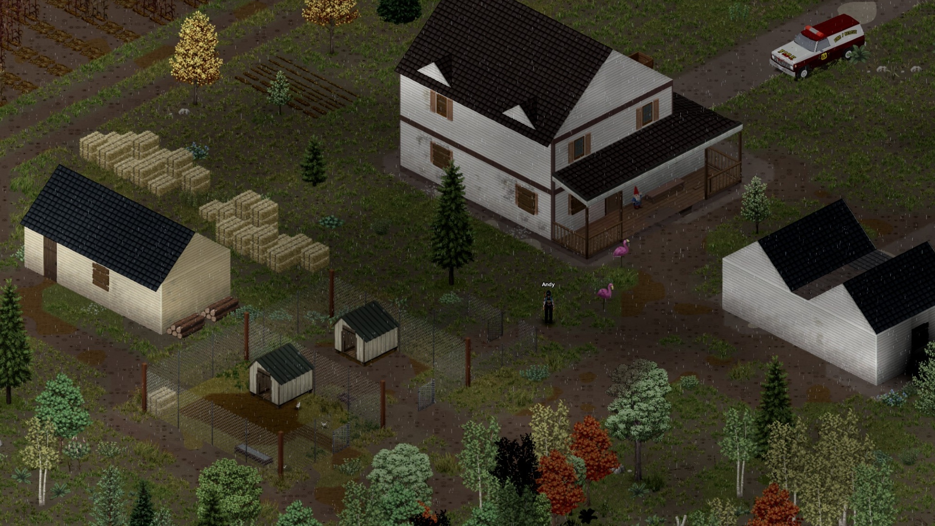 A farm on a rainy day in Project Zomboid Build 42