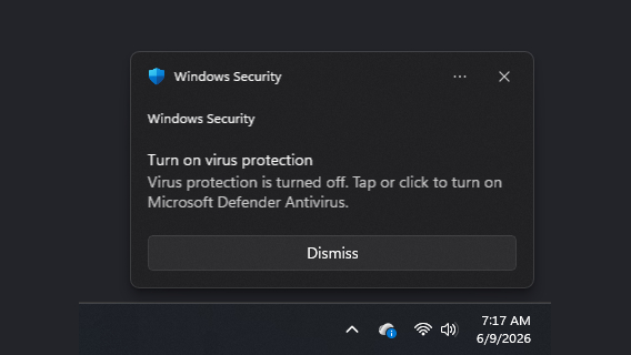Windows Security notification advising to turn on virus protection, with a "Dismiss" option.