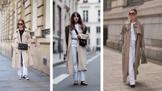 street style models wearing white jeans outfits with trench coats