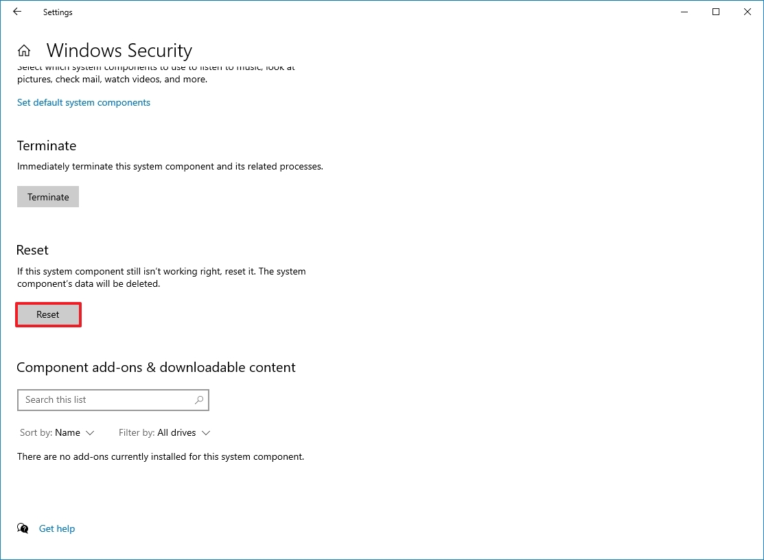 Windows 10 reset Security app