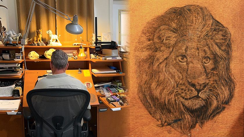 Aaron Blaise working at this Disney desk where he worked on The Lion King and a detail showing an image of a lion etched into wood