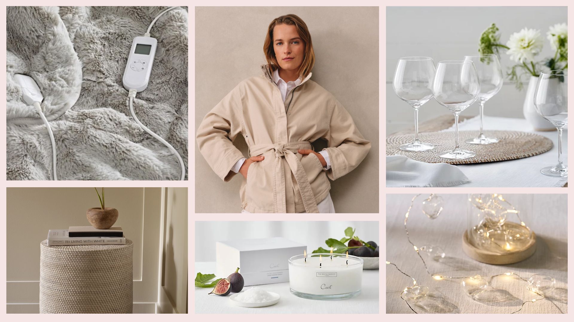 Our top picks from The White Company sale: an electric blanket, stool, coat. candle, tealights, and wine glasses