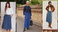 Alyson Walsh models a long denim skirt and dark cardigan on the street. Her photo is flanked by models wearing other denim skirts
