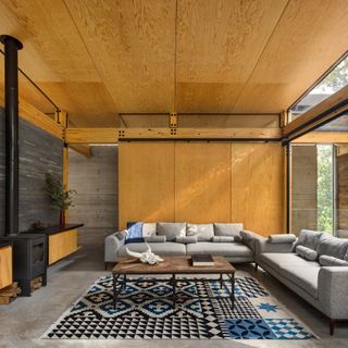 timber clad living room at Casa El Pinar