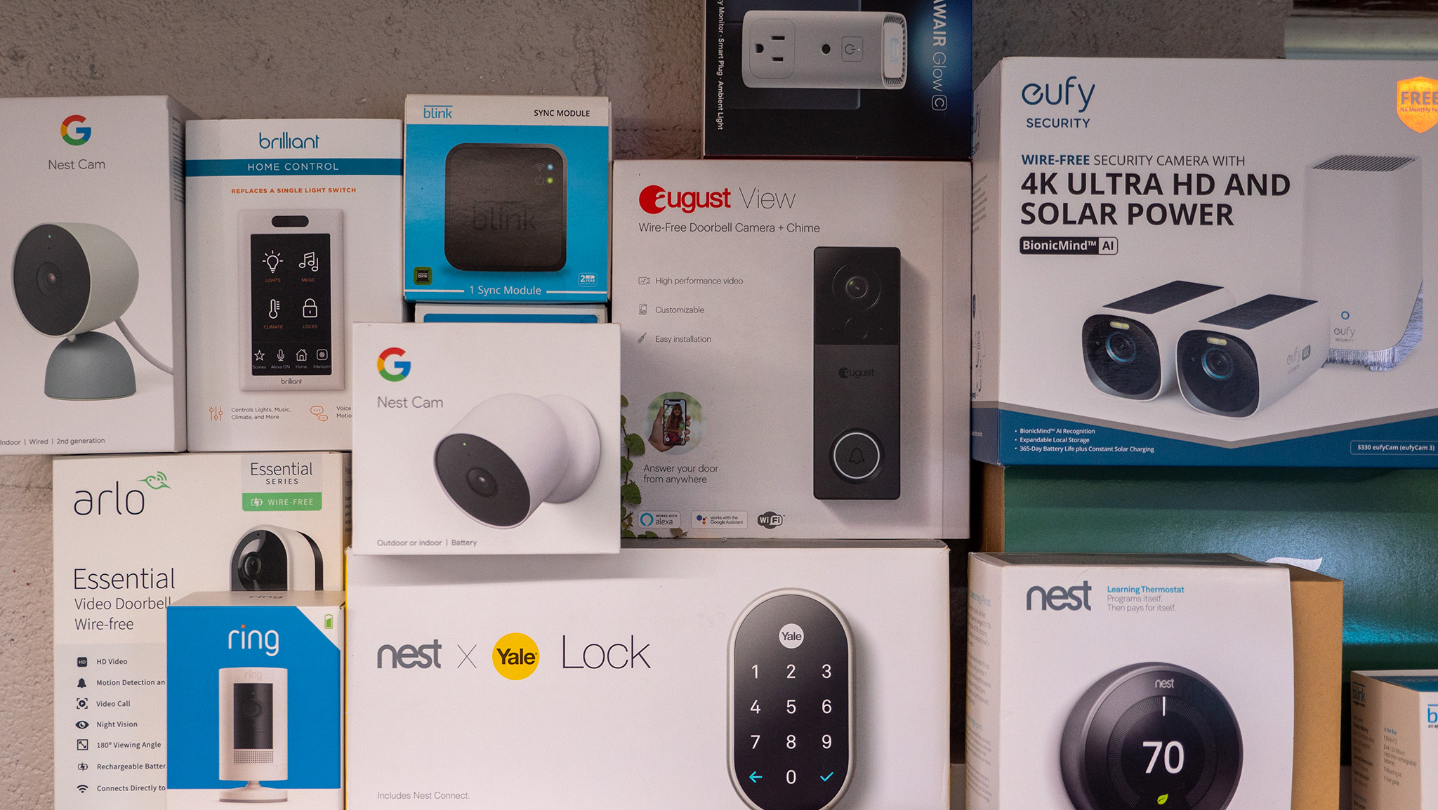 Cajas para productos para el hogar inteligente Ring, Google Nest, August, Arlo, Awair y Eufy