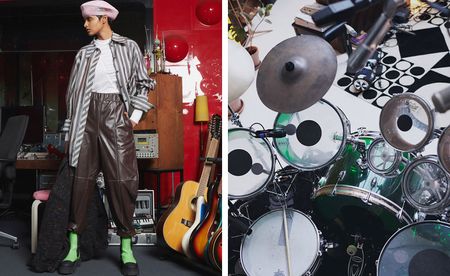 Fashion clothing on left, drums on right