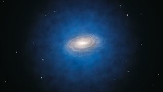 An illustration of a bright galaxy surrounded by a blueish halo. The background of space takes up a large portion of the image.