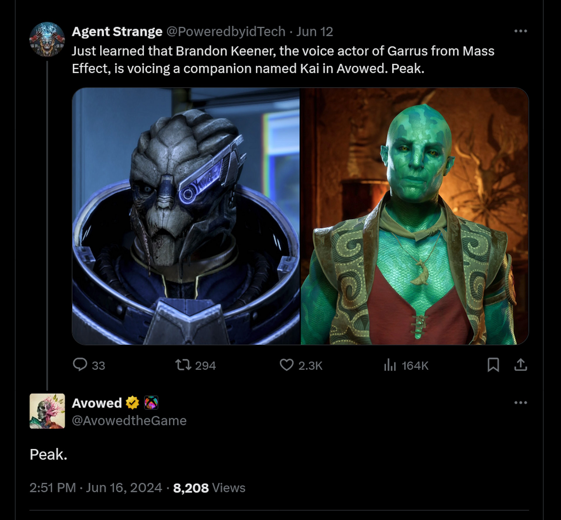 Just learned that Brandon Keener, the voice actor of Garrus from Mass Effect, is voicing a companion named Kai in Avowed. Peak. Peak.