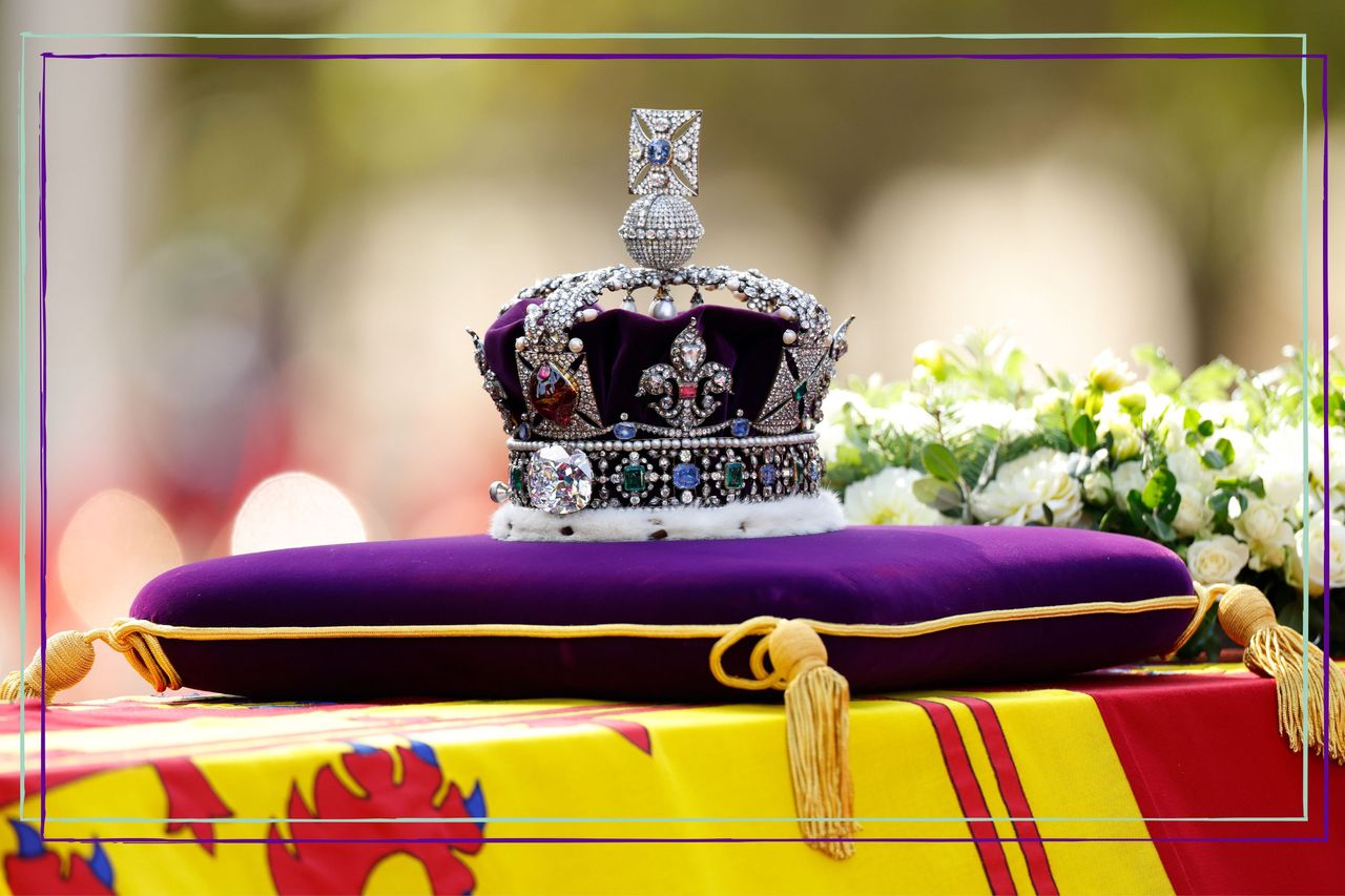 The imperial state Crown on a purple cushion sitting above the Queen&#039;s coffin