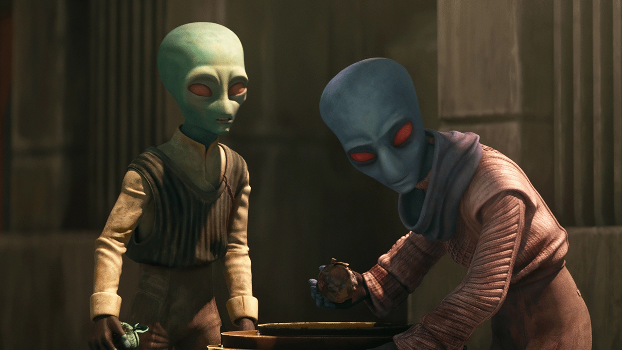  Tales of the Underworld. Two young alien boys are playing together. One has green skin and red eyes, whilst the other is blue and has red eyes.